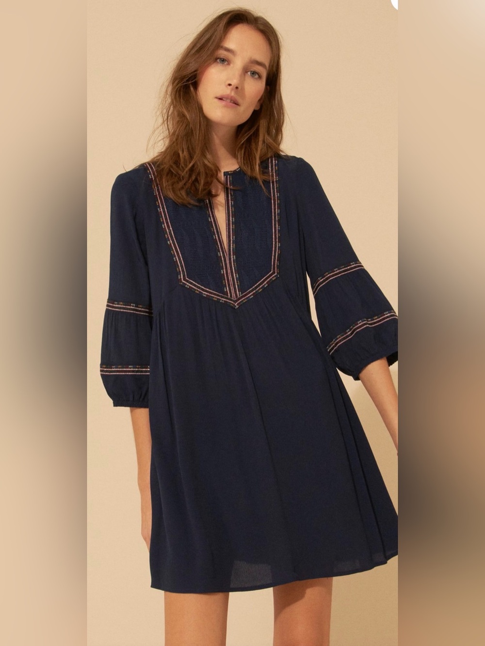 ba&sh Cale Embroidered Mini Dress Navy Blue Boho Smocked V-Neck Balloon Sleeve